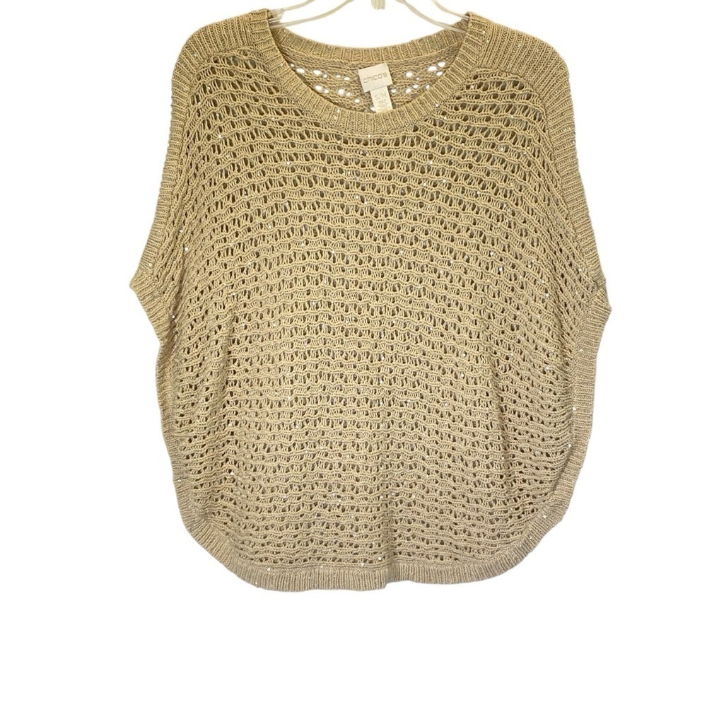 CHICO'S Women's size S/M Crochet sequins Tan Beige Poncho sweater